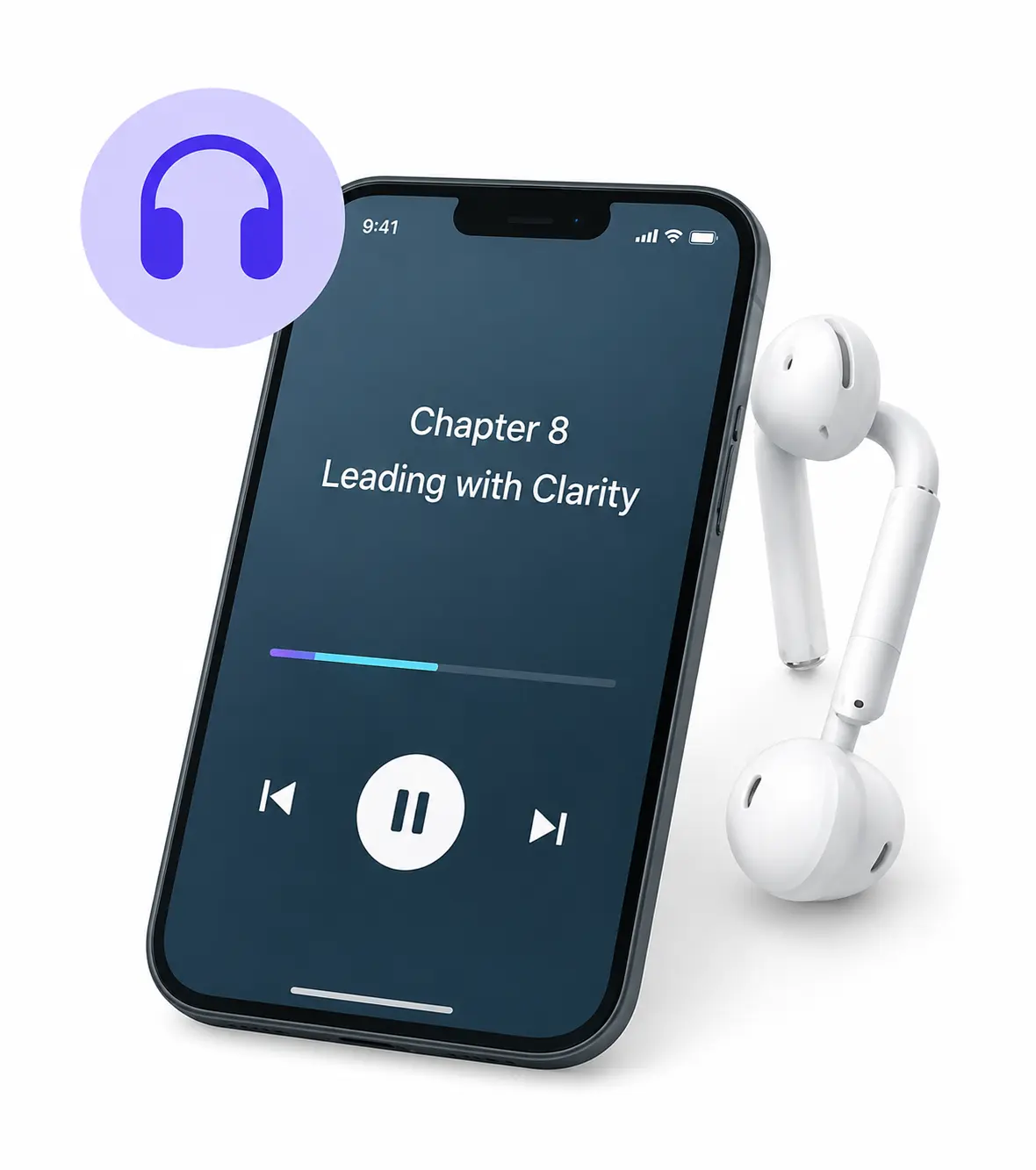 Praxis audio reading screen with earbuds and playback controls