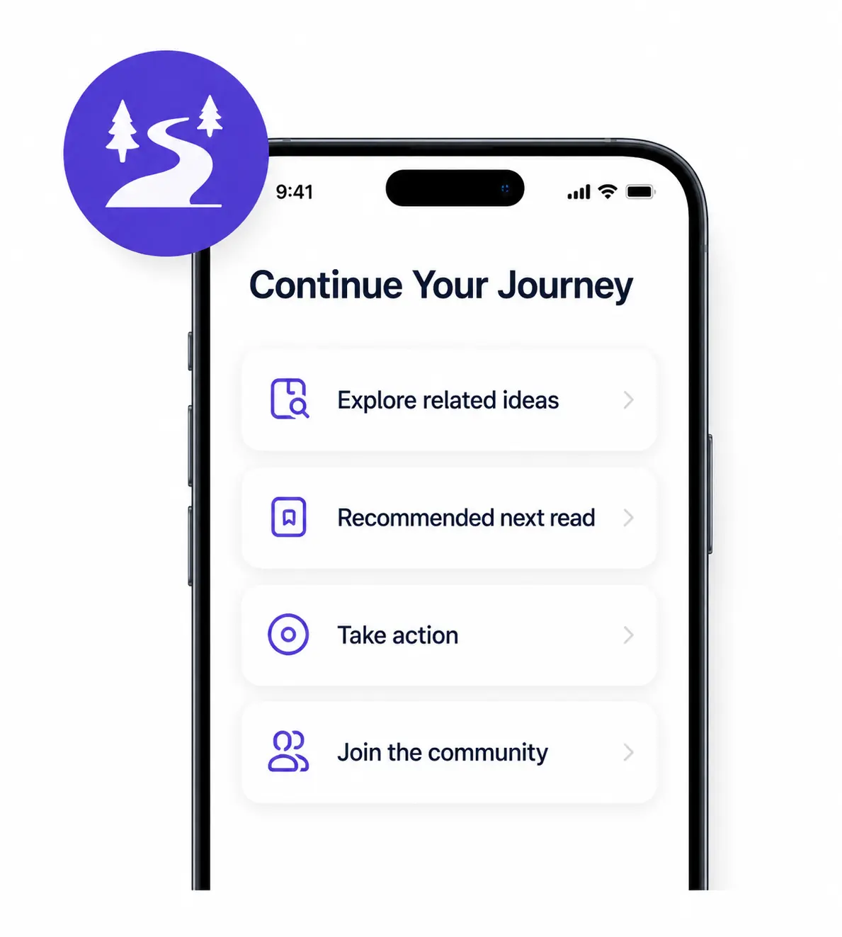 Praxis journey screen with related ideas and next actions